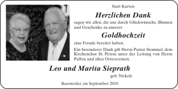 Glückwunschanzeige von Goldhochzeit Leo und Marita Sieprath von Super Sonntag / Super Mittwoch