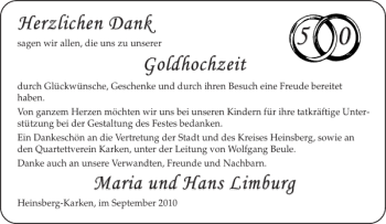 Glückwunschanzeige von Goldhochzeit Maria und Hans Limburg von Aachener Zeitung / Aachener Nachrichten