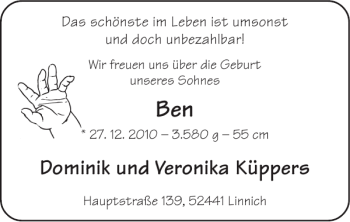 Glückwunschanzeige von Ben  von Super Sonntag / Super Mittwoch