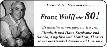 Glückwunschanzeige von Franz Wolff von Aachener Zeitung / Aachener Nachrichten