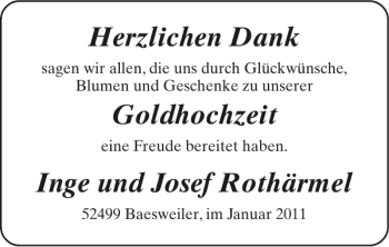 Glückwunschanzeige von Goldhochzeit Inge und Josef Rothärmel von Super Sonntag / Super Mittwoch