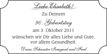 Glückwunschanzeige von Elisabeth  von Super Sonntag / Super Mittwoch