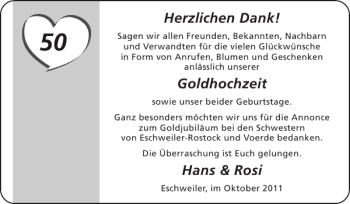 Glückwunschanzeige von Goldhochzeit Hans Rosi von Super Sonntag / Super Mittwoch