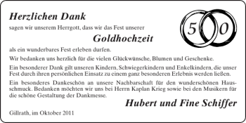 Glückwunschanzeige von Goldhochzeit Hubert und Fine Schiffer von Super Sonntag / Super Mittwoch