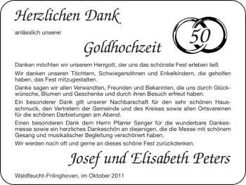 Glückwunschanzeige von Goldhochzeit Josef und Elisabeth Peters von Super Sonntag / Super Mittwoch