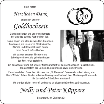 Glückwunschanzeige von Goldhochzeit Nelly und Peter Küppers von Super Sonntag / Super Mittwoch