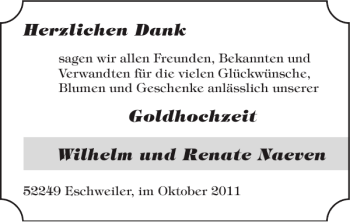 Glückwunschanzeige von Goldhochzeit Wilhelm und Renate Naeven von Super Sonntag / Super Mittwoch