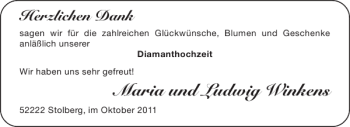 Glückwunschanzeige von Maria und Ludwig Winkens von Aachener Zeitung / Aachener Nachrichten