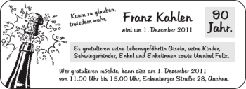Glückwunschanzeige von Franz Kahlen von Aachener Zeitung / Aachener Nachrichten