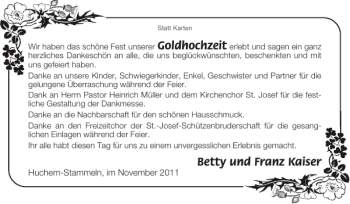 Glückwunschanzeige von Goldhochzeit Betty und Franz Kaiser von Super Sonntag / Super Mittwoch