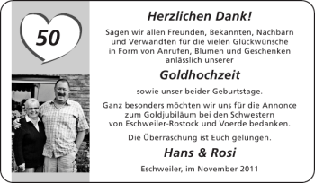Glückwunschanzeige von Goldhochzeit Hans Rosi von Super Sonntag / Super Mittwoch