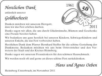 Glückwunschanzeige von Goldhochzeit Hans und Agnes Oeben von Super Sonntag / Super Mittwoch