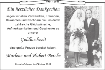 Glückwunschanzeige von Goldhochzeit Marlene und Hubert Berche von Super Sonntag / Super Mittwoch