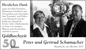 Glückwunschanzeige von Goldhochzeit Peter und Gertrud Schumacher von Super Sonntag / Super Mittwoch