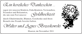 Glückwunschanzeige von Goldhochzeit Walter und Agnes Brzoskowski von Super Sonntag / Super Mittwoch