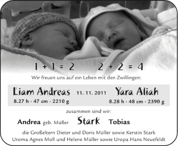 Glückwunschanzeige von Liam Andreas Yara Aliah Stark von Aachener Zeitung / Aachener Nachrichten