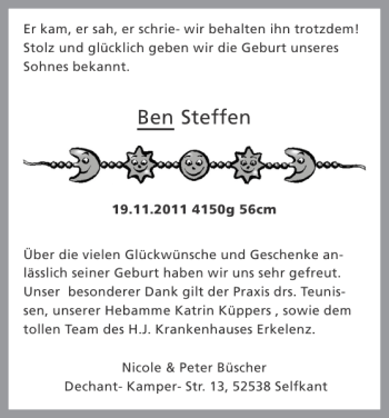 Glückwunschanzeige von Ben Steffen von Super Sonntag / Super Mittwoch