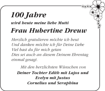 Glückwunschanzeige von Frau Hubertine Dreuw von Aachener Zeitung / Aachener Nachrichten