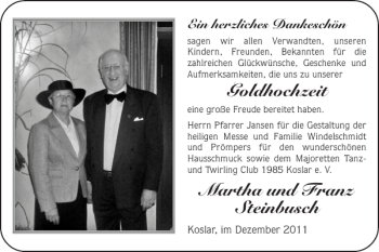 Glückwunschanzeige von Goldhochzeit Martha und Franz Steinbusch von Super Sonntag / Super Mittwoch