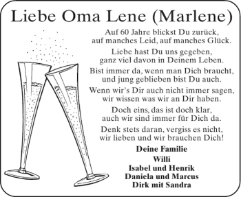 Glückwunschanzeige von Oma Lene Marlene von Aachener Zeitung / Aachener Nachrichten