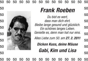 Glückwunschanzeige von Frank Roeben von Super Sonntag / Super Mittwoch