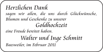 Glückwunschanzeige von Goldhochzeit Walter und Inge Schmitt von Super Sonntag / Super Mittwoch