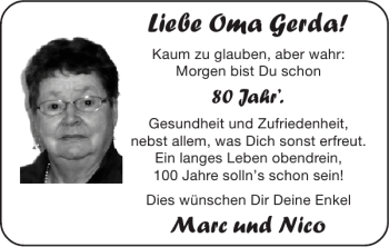 Glückwunschanzeige von Oma Gerda von Super Sonntag / Super Mittwoch