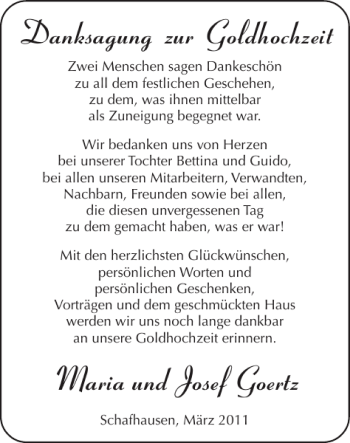 Glückwunschanzeige von Danksagung Goldhochzeit Maria und Josef Goertz  von Super Sonntag / Super Mittwoch