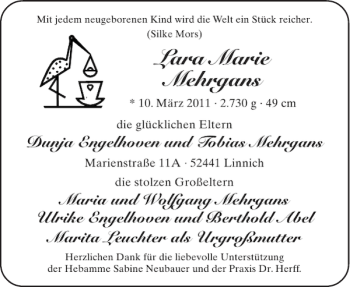 Glückwunschanzeige von Lara Marie Mehrgans von Aachener Zeitung / Aachener Nachrichten