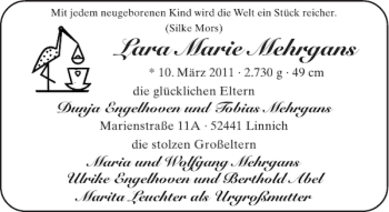 Glückwunschanzeige von Lara Marie Mehrgans von Aachener Zeitung / Aachener Nachrichten