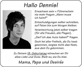 Glückwunschanzeige von Dennis  von Aachener Zeitung / Aachener Nachrichten