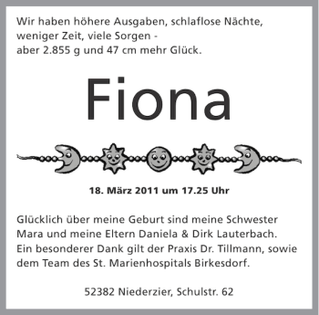 Glückwunschanzeige von Fiona  von Aachener Zeitung / Aachener Nachrichten