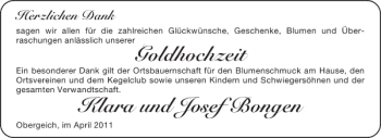 Glückwunschanzeige von Goldhochzeit Klara und Josef Bongen von Aachener Zeitung / Aachener Nachrichten
