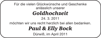 Glückwunschanzeige von Goldhochzeit Paul Elly Bock von Super Sonntag / Super Mittwoch