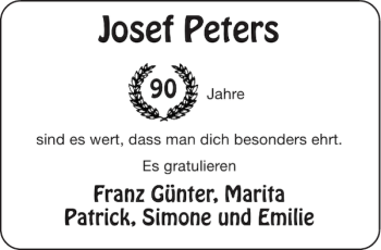 Glückwunschanzeige von Josef Peters von Aachener Zeitung / Aachener Nachrichten