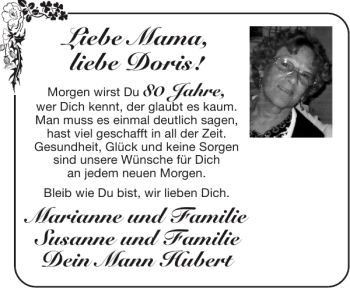 Glückwunschanzeige von Mama Doris von Super Sonntag / Super Mittwoch