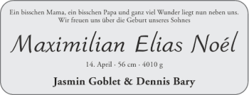 Glückwunschanzeige von Maximilian Elias Noél von Aachener Zeitung / Aachener Nachrichten