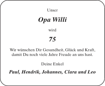 Glückwunschanzeige von Opa Willi von Aachener Zeitung / Aachener Nachrichten