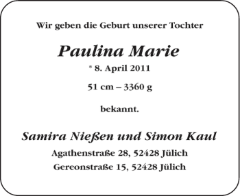 Glückwunschanzeige von Paulina Marie von Aachener Zeitung / Aachener Nachrichten