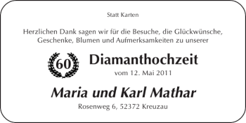 Glückwunschanzeige von Diamanthochzeit  von Super Sonntag / Super Mittwoch