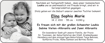 Glückwunschanzeige von Elina Sophia Marie von Super Sonntag / Super Mittwoch