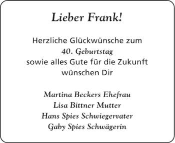 Glückwunschanzeige von Frank  von Aachener Zeitung / Aachener Nachrichten