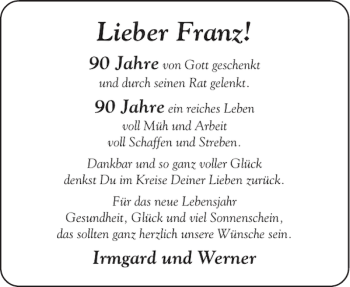 Glückwunschanzeige von Franz  von Aachener Zeitung / Aachener Nachrichten