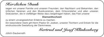 Glückwunschanzeige von Gertrud und Josef Klinkenberg von Aachener Zeitung / Aachener Nachrichten