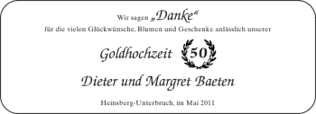Glückwunschanzeige von Goldhochzeit Dieter und Margret Baeten von Aachener Zeitung / Aachener Nachrichten