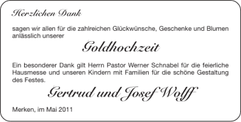 Glückwunschanzeige von Goldhochzeit Gertrud und Josef Wolff von Aachener Zeitung / Aachener Nachrichten