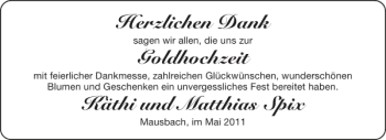 Glückwunschanzeige von Goldhochzeit Käthi und Matthias Spix von Aachener Zeitung / Aachener Nachrichten