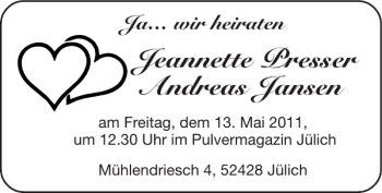 Glückwunschanzeige von Jeannette Presser Andreas Jansen von Super Sonntag / Super Mittwoch