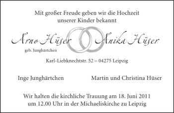 Glückwunschanzeige von Arno Hüser Anika Hüser von Aachener Zeitung / Aachener Nachrichten