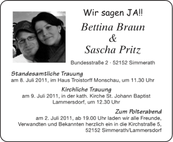 Glückwunschanzeige von Bettina Braun Sascha Pritz von Aachener Zeitung / Aachener Nachrichten